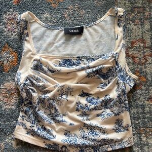 Cider Cream Tank Top with Blue Toile Print